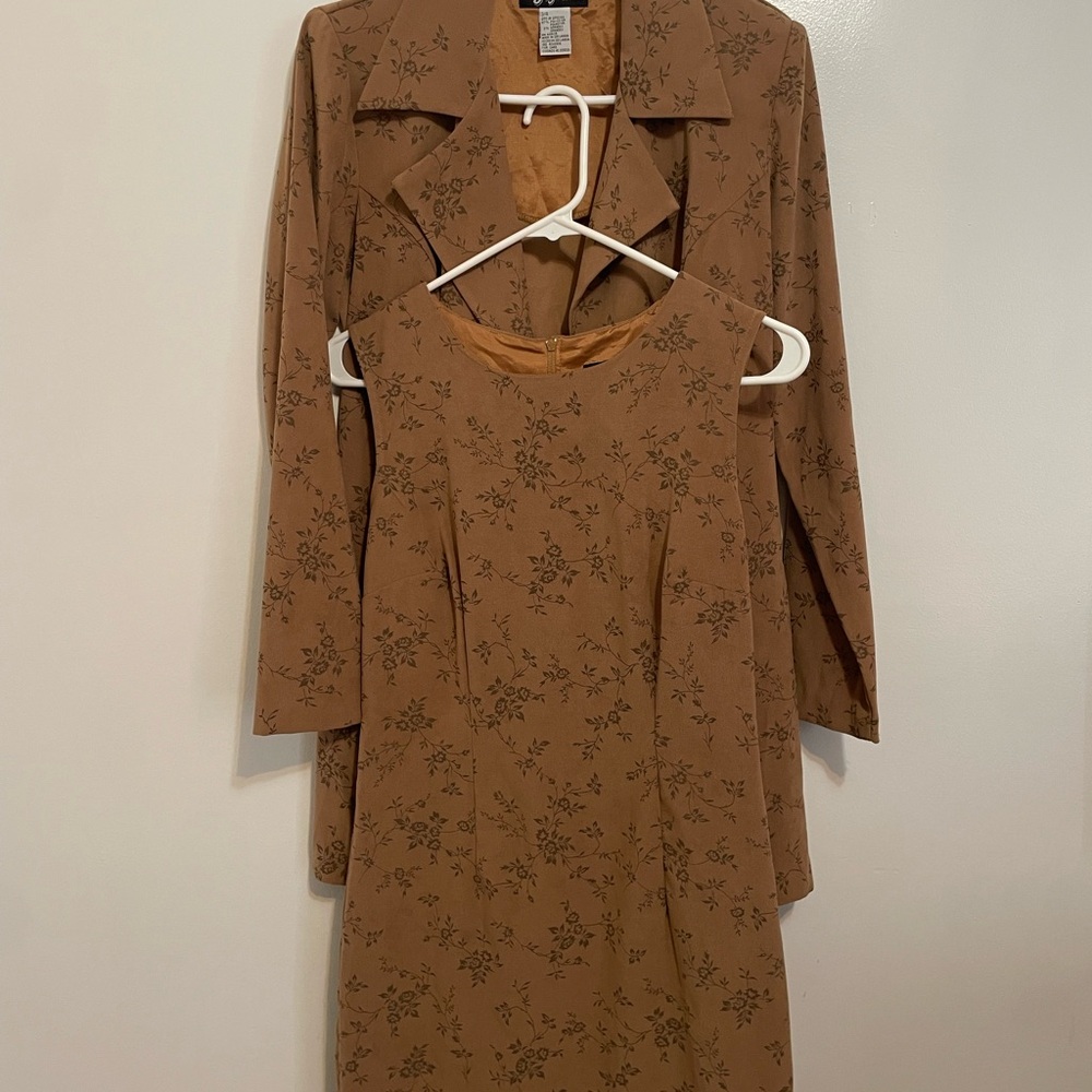 Vintage Floral Brown Dress and Coat Set